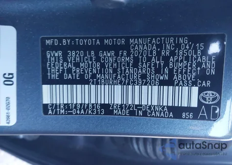 2015 Toyota Corolla Le из США, поврежденный, VIN 2T1BURHE7FC397206